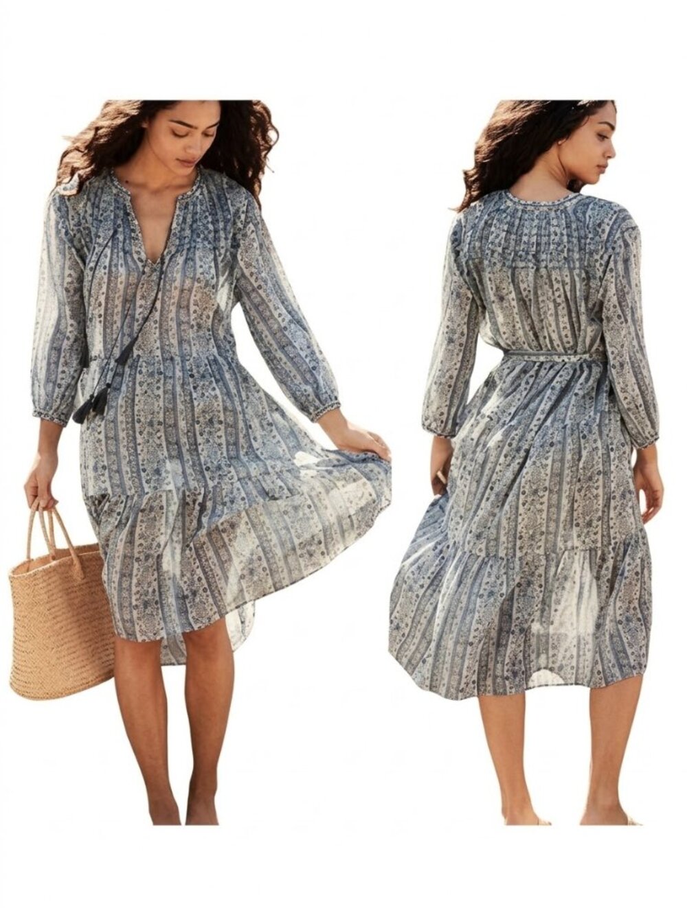 Doen Normandy Cotton Voile Midi Dress Blue Floral Paisley XS EUC
